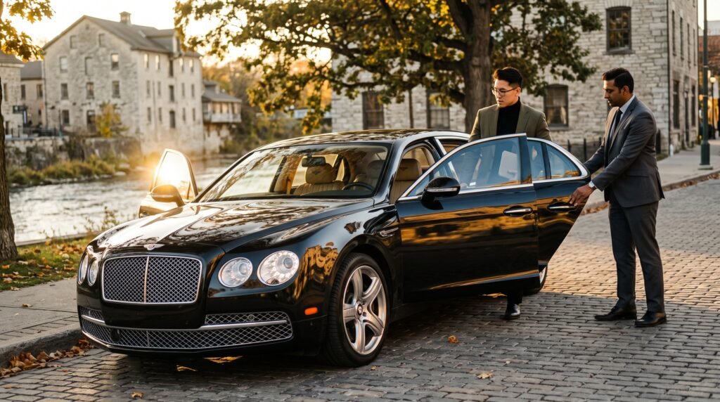 Executive passenger boarding a luxury saloon to book Cambridge to Pearson limo transfer outside a historic limestone building