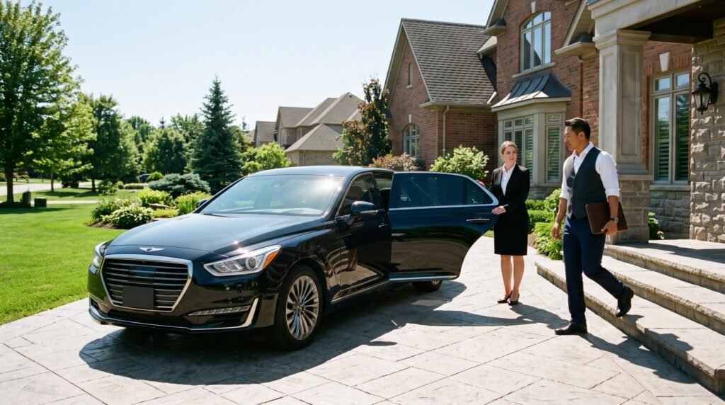 Executive saloon providing a dependable Pearson airport car service Newmarket transfer outside a Stonehaven residence